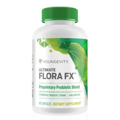 Youngevity Ultimate Flora FX bottle front view highlighting branding and packaging.
