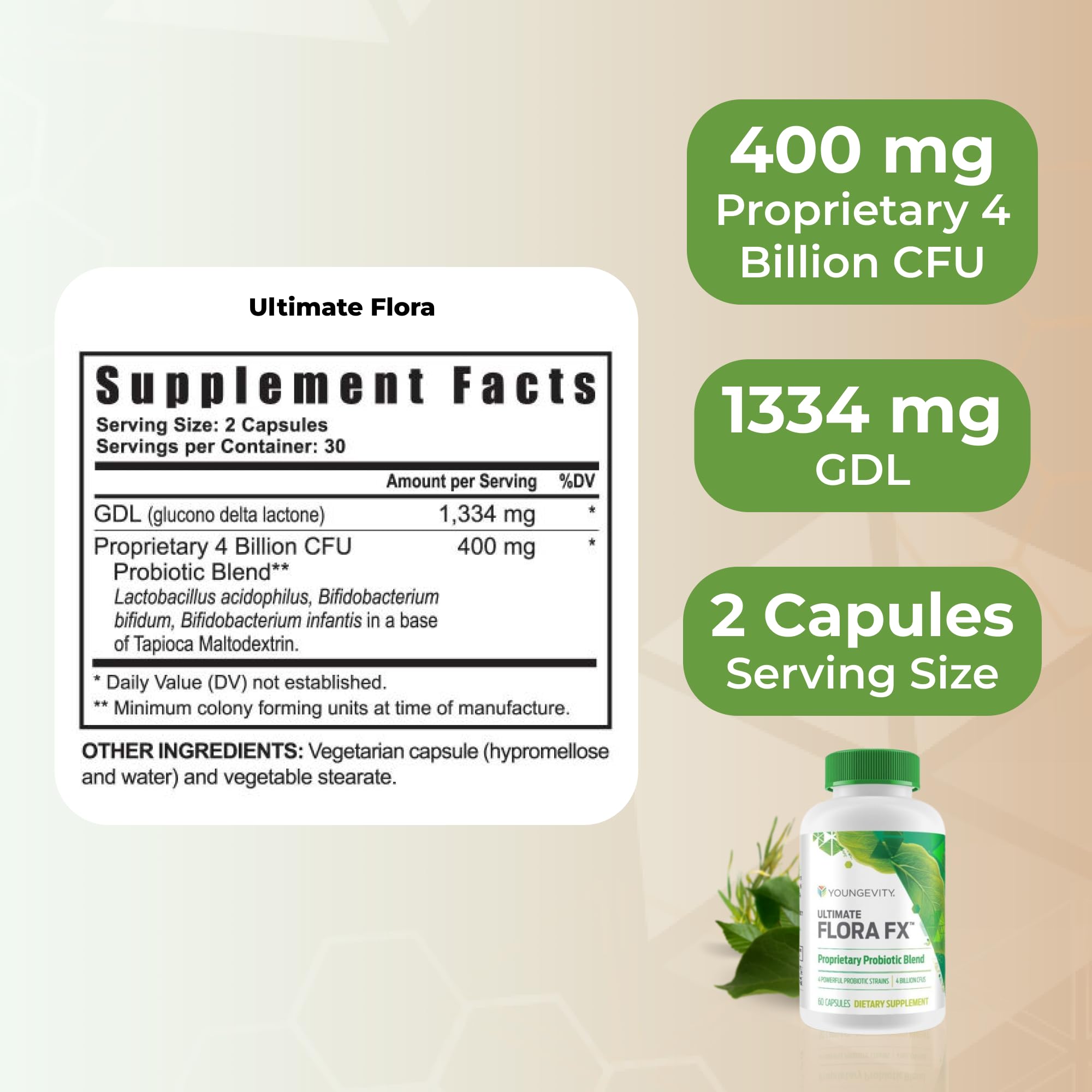 Youngevity Ultimate Flora FX bottle label close-up emphasizing product details.