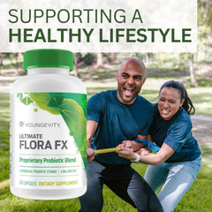 Youngevity Ultimate Flora FX bottle stacked on a shelf.