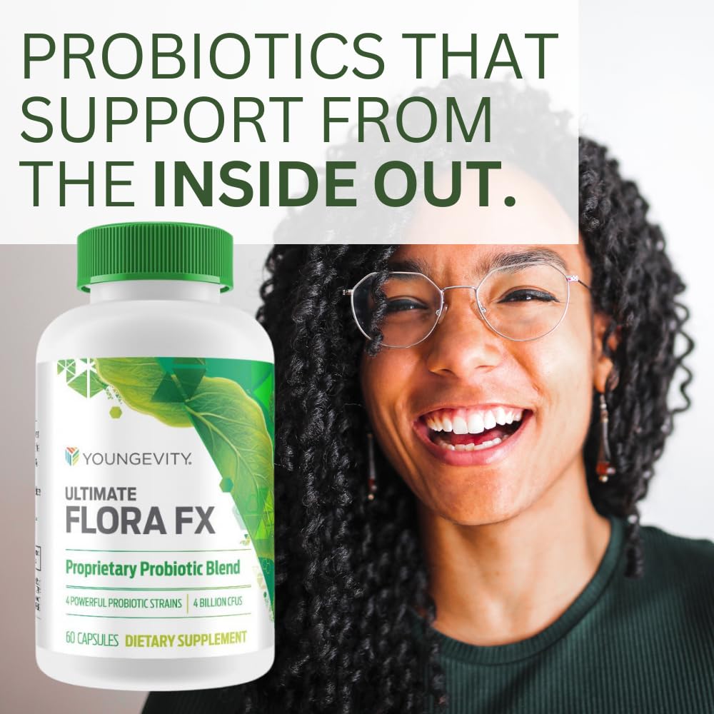 Youngevity Ultimate Flora FX capsules being poured into a hand.