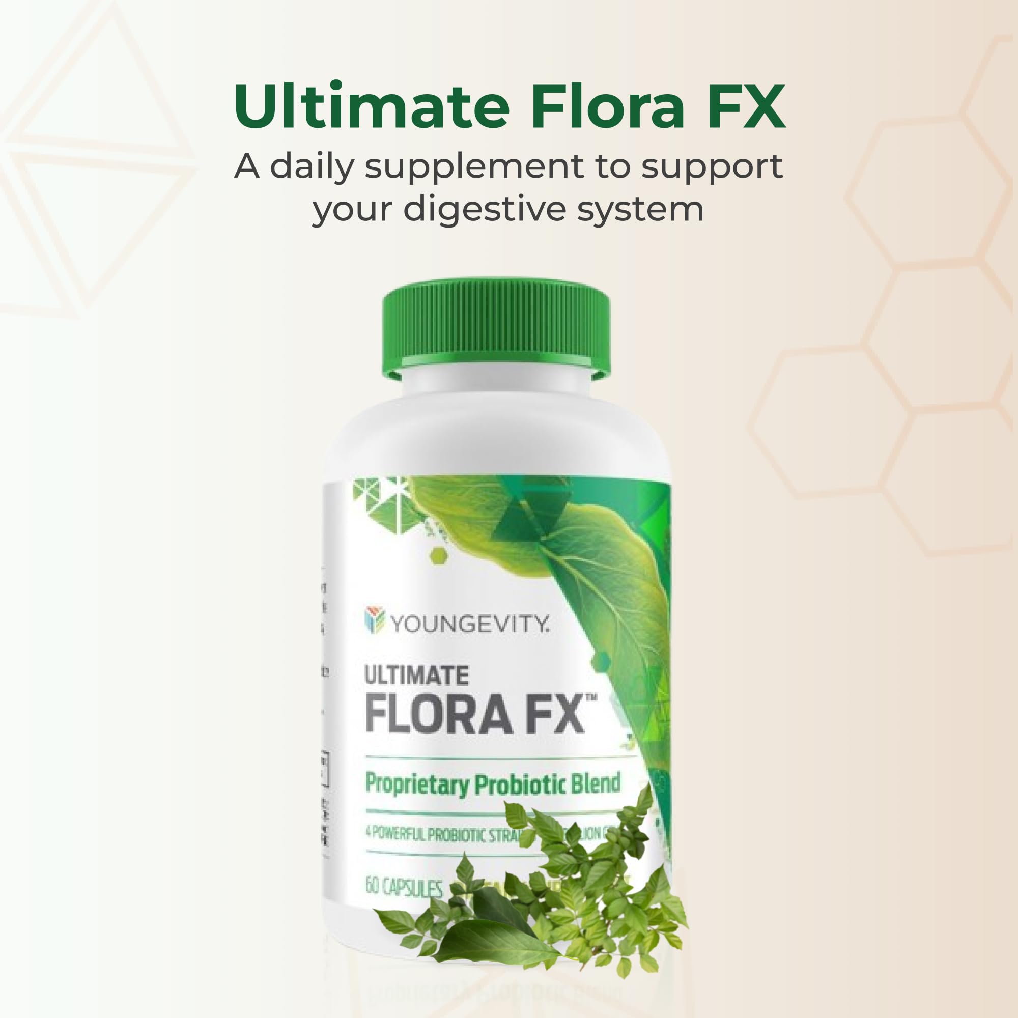 Youngevity Ultimate Flora FX capsules close-up, vegetarian formula for daily digestive support.