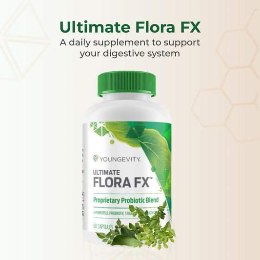 Youngevity Ultimate Flora FX capsules close-up, vegetarian formula for daily digestive support.
