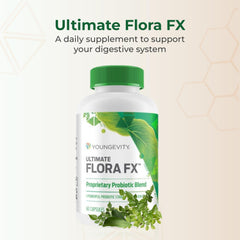Youngevity Ultimate Flora FX capsules close-up, vegetarian formula for daily digestive support.
