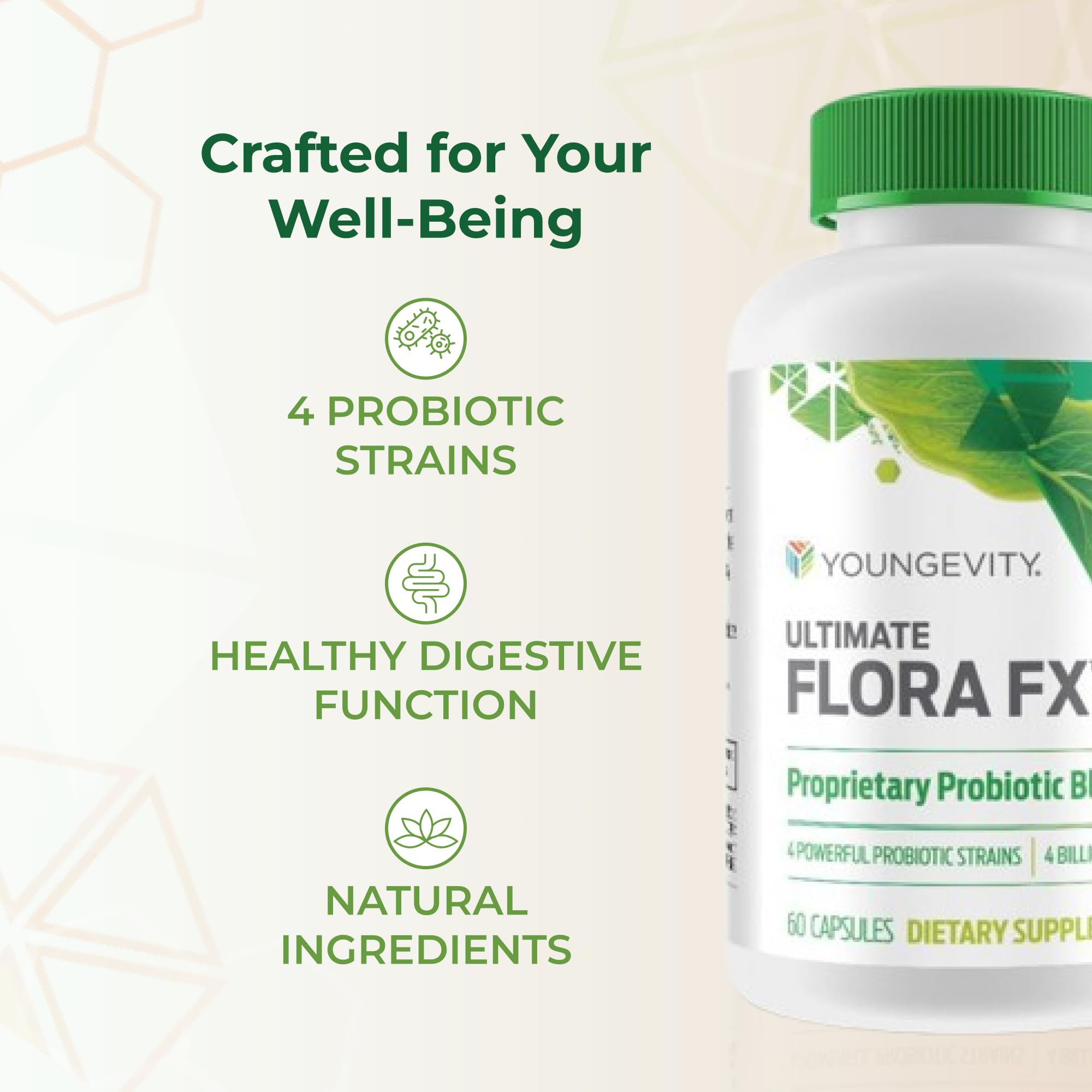 Youngevity Ultimate Flora FX packaging box highlighting quality controls.