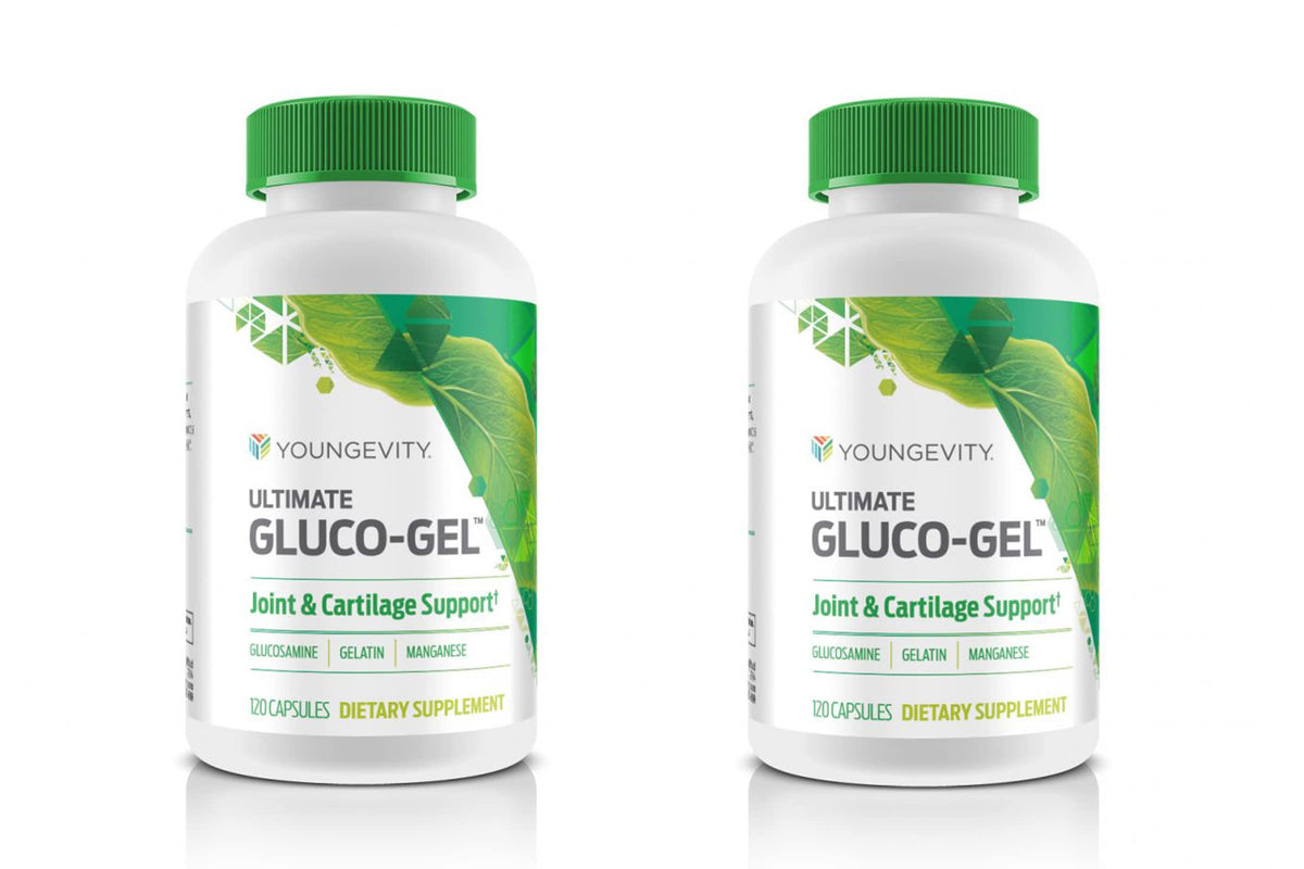 Youngevity Ultimate Gluco Gel bottle front highlighting gelatin and glucosamine for joint support.