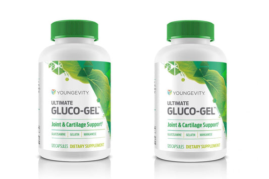 Youngevity Ultimate Gluco Gel bottle front highlighting gelatin and glucosamine for joint support.