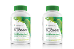 Youngevity Ultimate Gluco Gel bottle front highlighting gelatin and glucosamine for joint support.