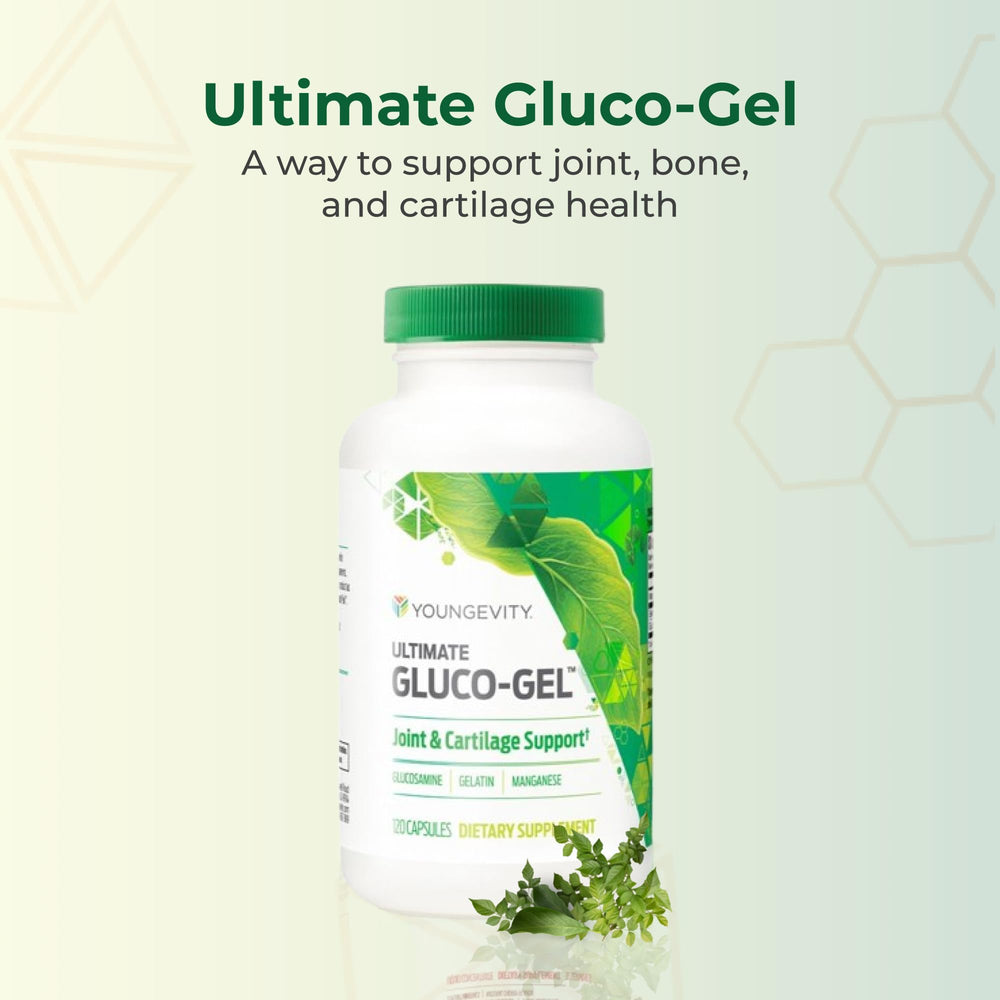 Youngevity Ultimate Gluco-Gel bottle side view shows glucosamine and gelatin labeling.