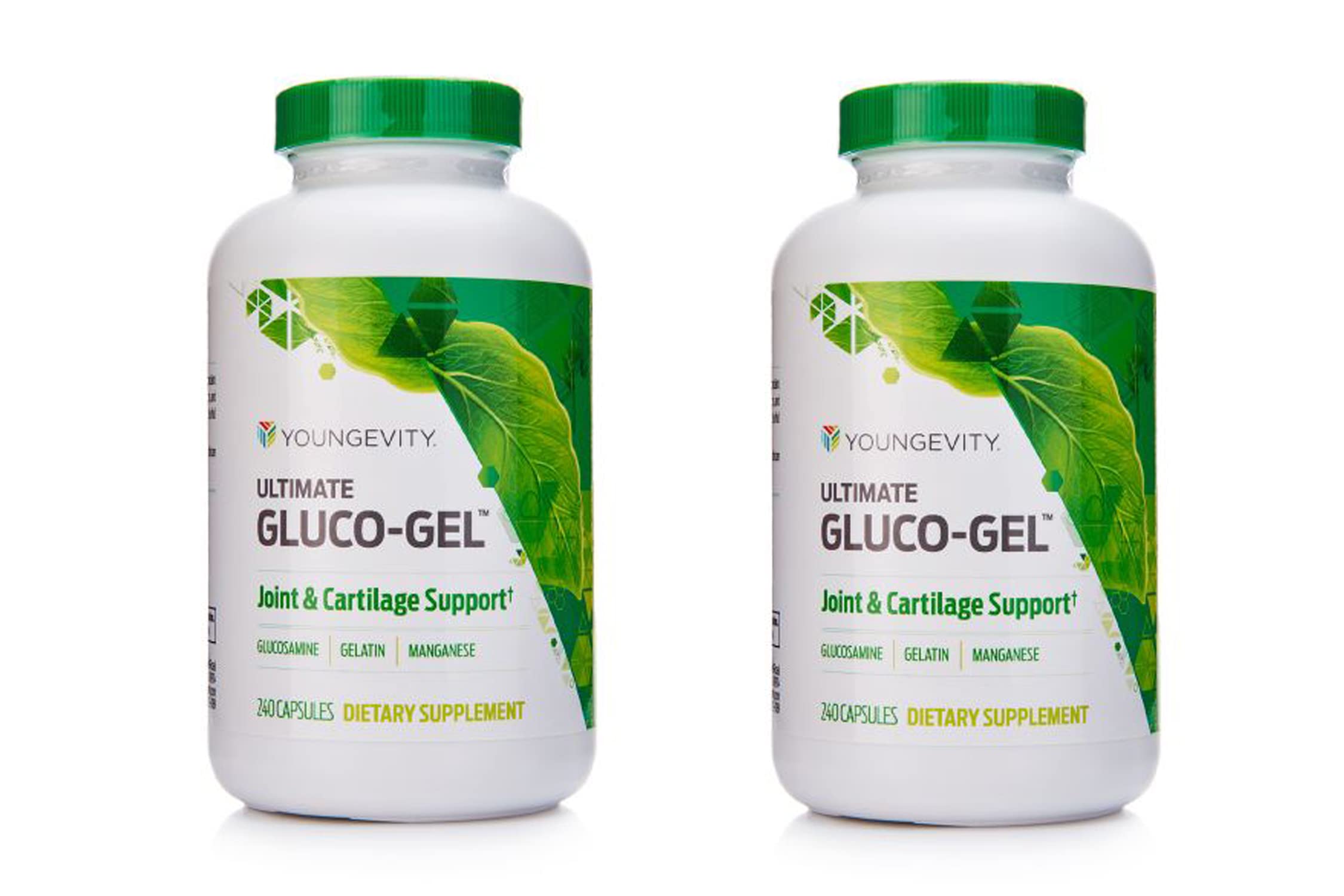 Youngevity Ultimate Gluco Gel bottle on display with 240 capsules visible for joint support.
