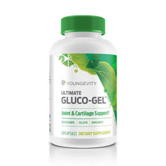 Youngevity Ultimate Gluco-Gel bottle shown for daily joint support and convenience.