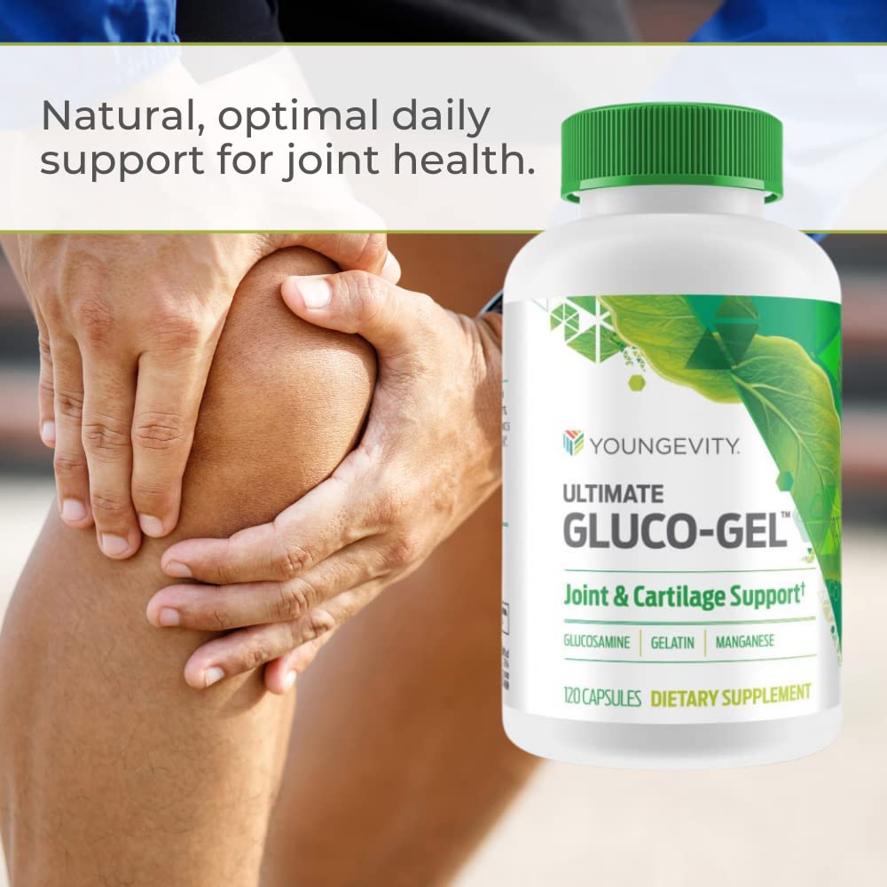 Youngevity Ultimate Gluco-Gel capsules close-up highlighting gelatin and minerals.