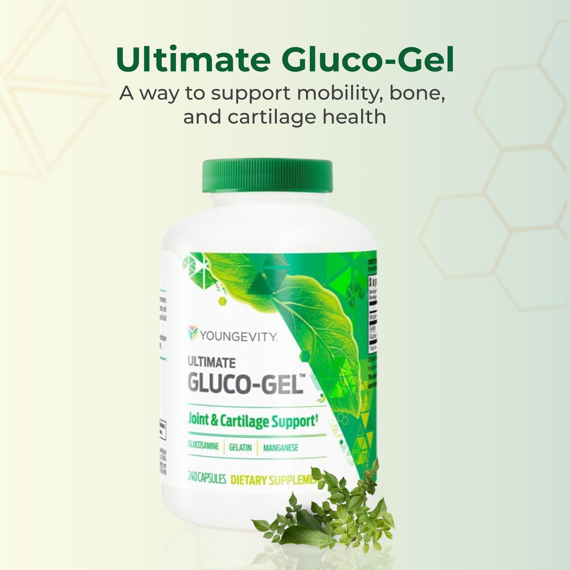 Close-up of Youngevity Ultimate Gluco Gel capsules highlighting gelatin-based formula for tendons and cartilage support.
