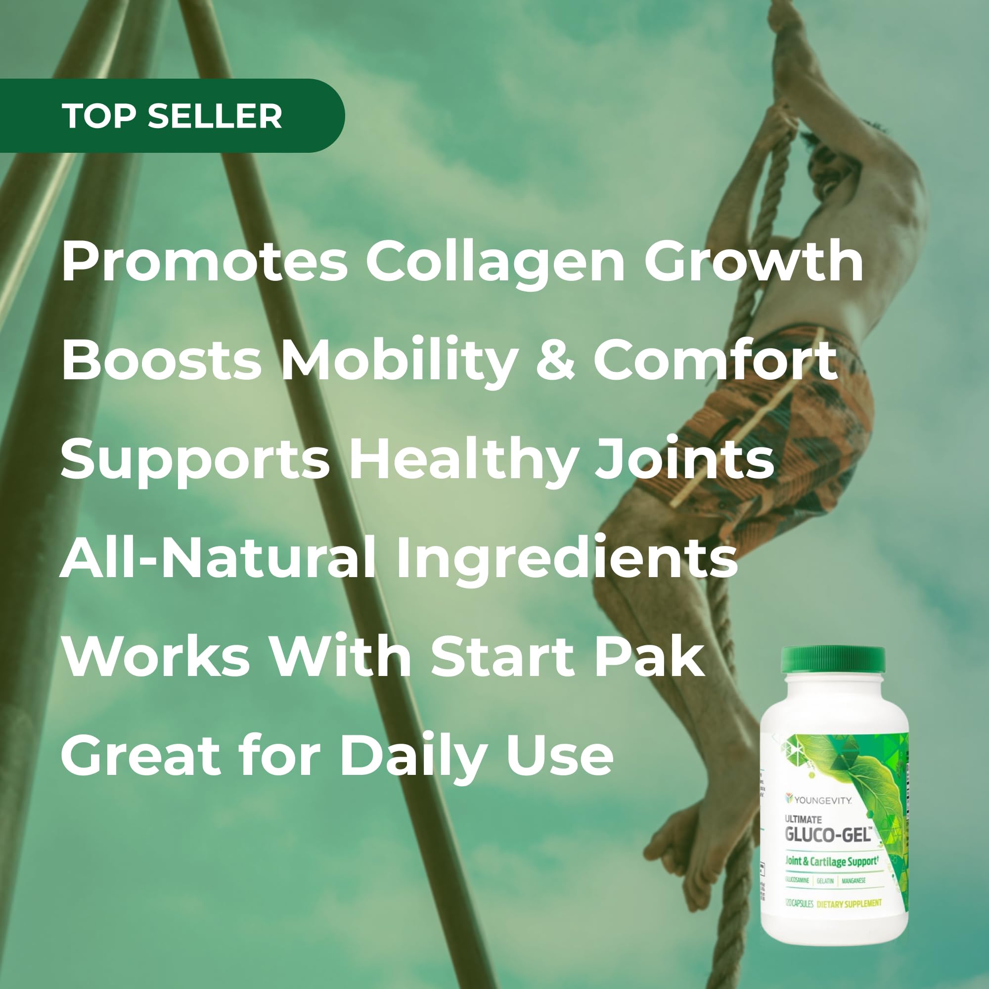 Youngevity Ultimate Gluco-Gel label detail emphasizes collagen and bone support ingredients.