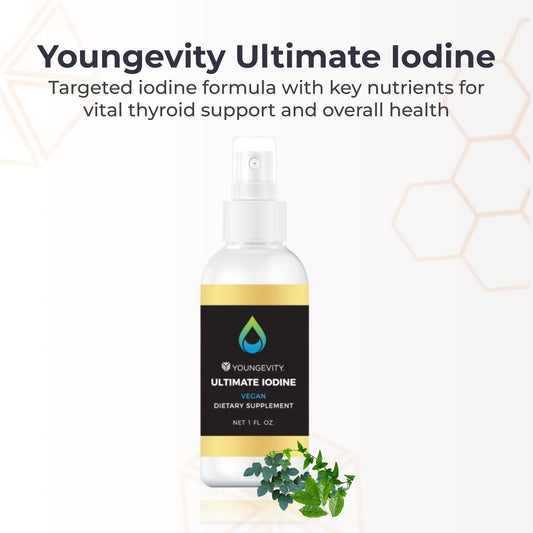 Close-up of Youngevity Ultimate Iodine label shows vegan, gluten-free, non-GMO claims.