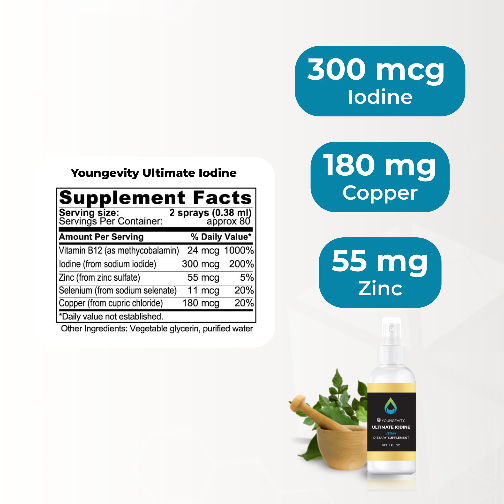 Youngevity Ultimate Iodine vegan badge on bottle highlights plant-based compatibility.