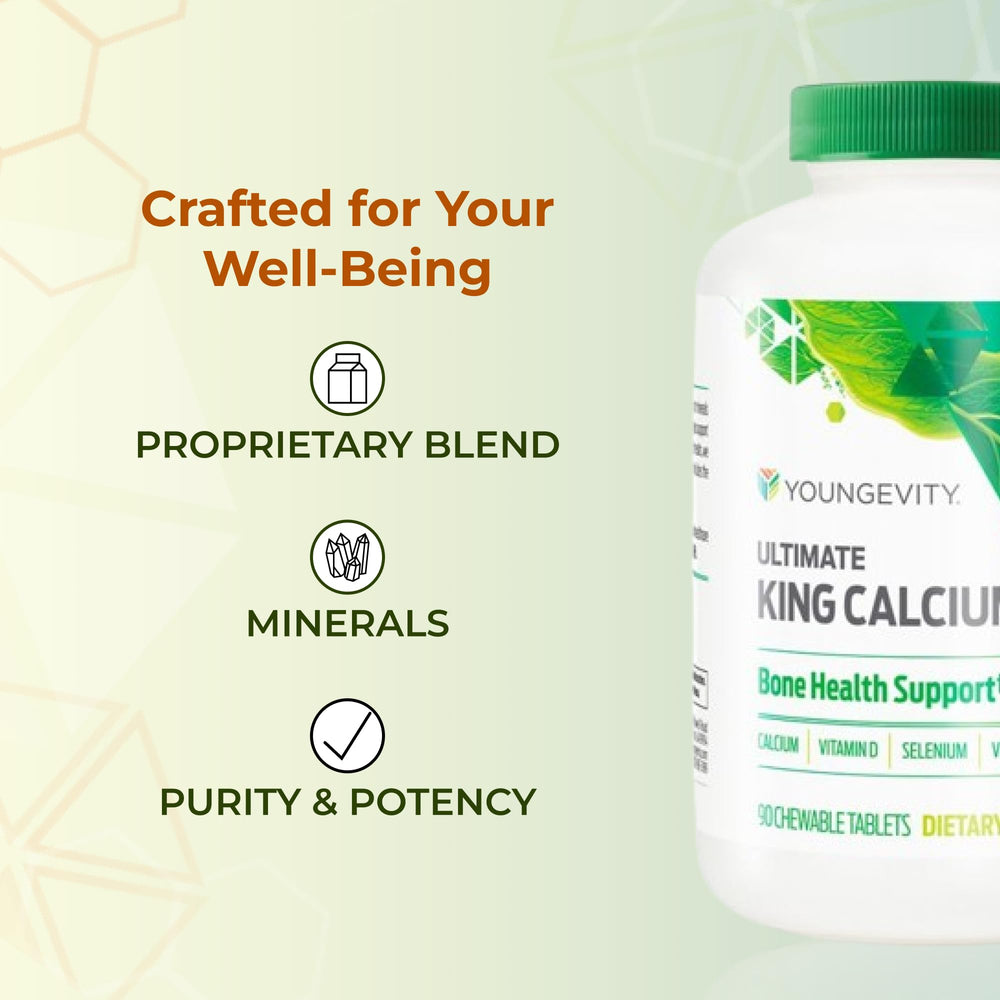 Youngevity Ultimate King Calcium bottle with water on a kitchen counter.