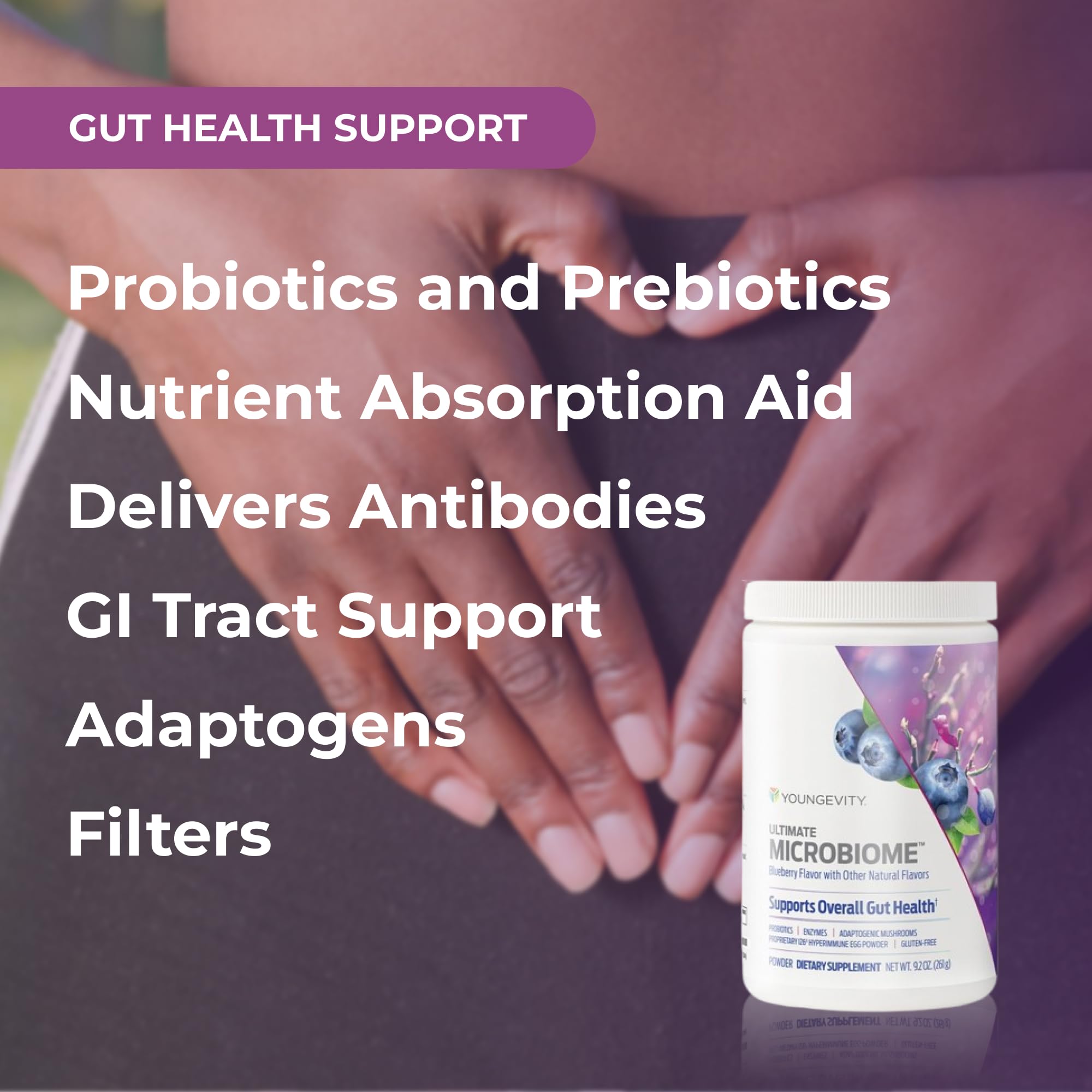 Youngevity Ultimate Microbiome label closeup highlights premium gut ingredients.