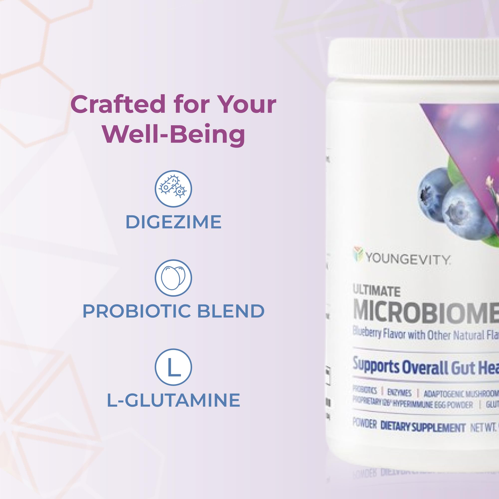 Youngevity Ultimate Microbiome pour-ready tub ideal for daily routine.