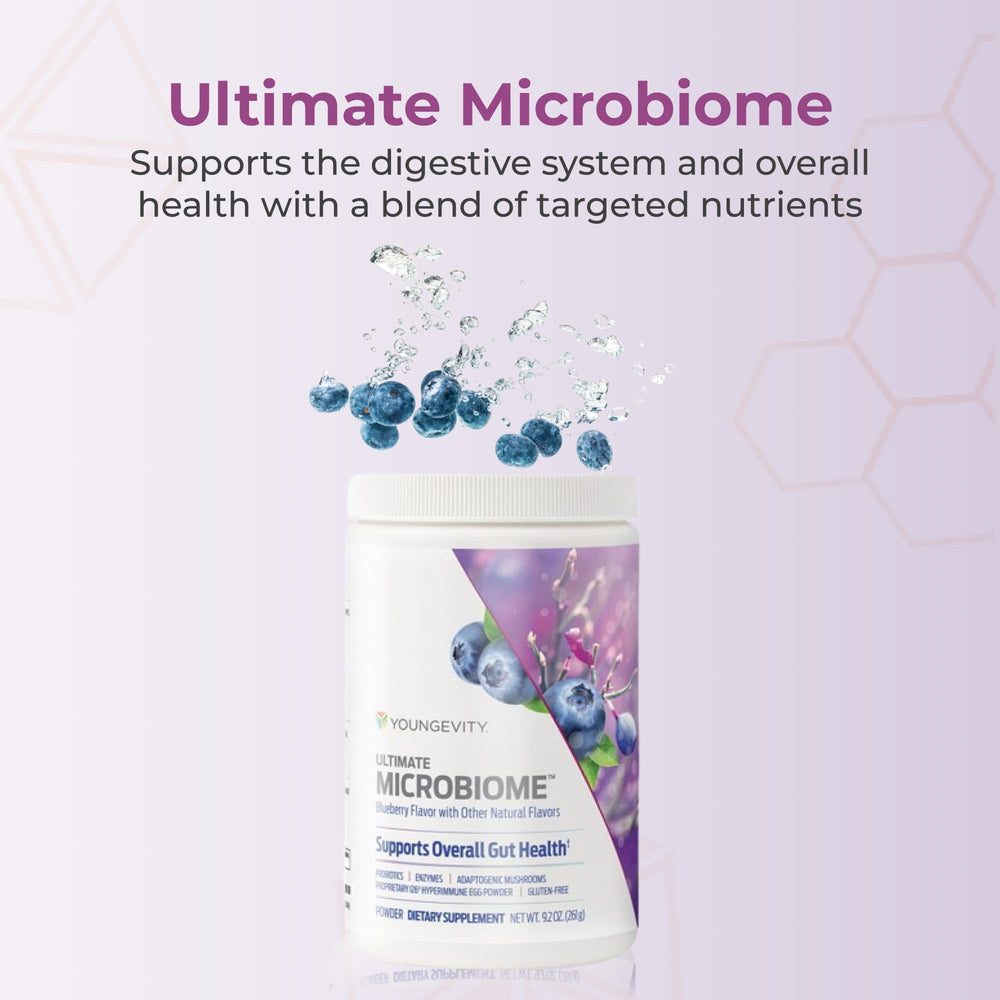 Youngevity Ultimate Microbiome probiotic blend tub promotes gut balance.