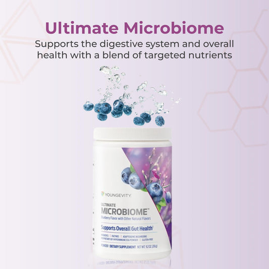 Youngevity Ultimate Microbiome probiotic blend tub promotes gut balance.