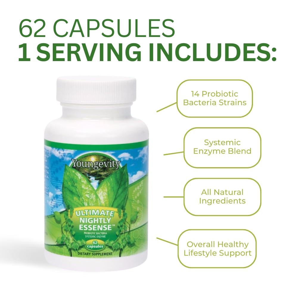 Youngevity Ultimate Nightly Essense packaging front emphasizing 14+ probiotic strains