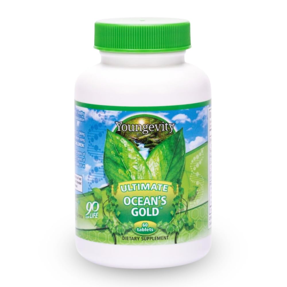 Youngevity Ultimate Ocean's Gold bottle on a clean surface, suggesting thyroid-supporting mineral blend.