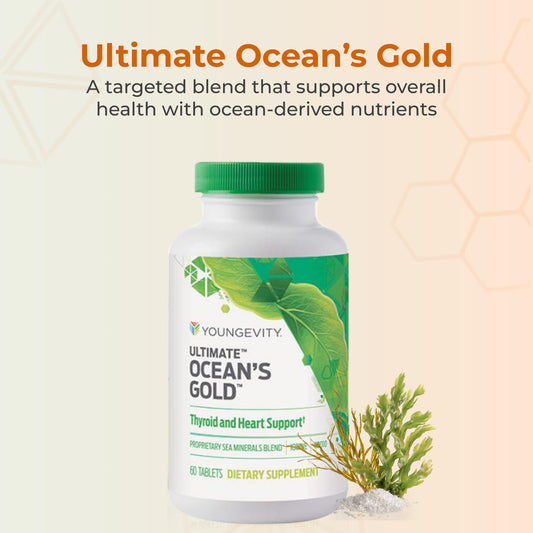 Youngevity Ultimate Ocean's Gold tablets close-up highlighting ocean-derived nutrients for wellness.