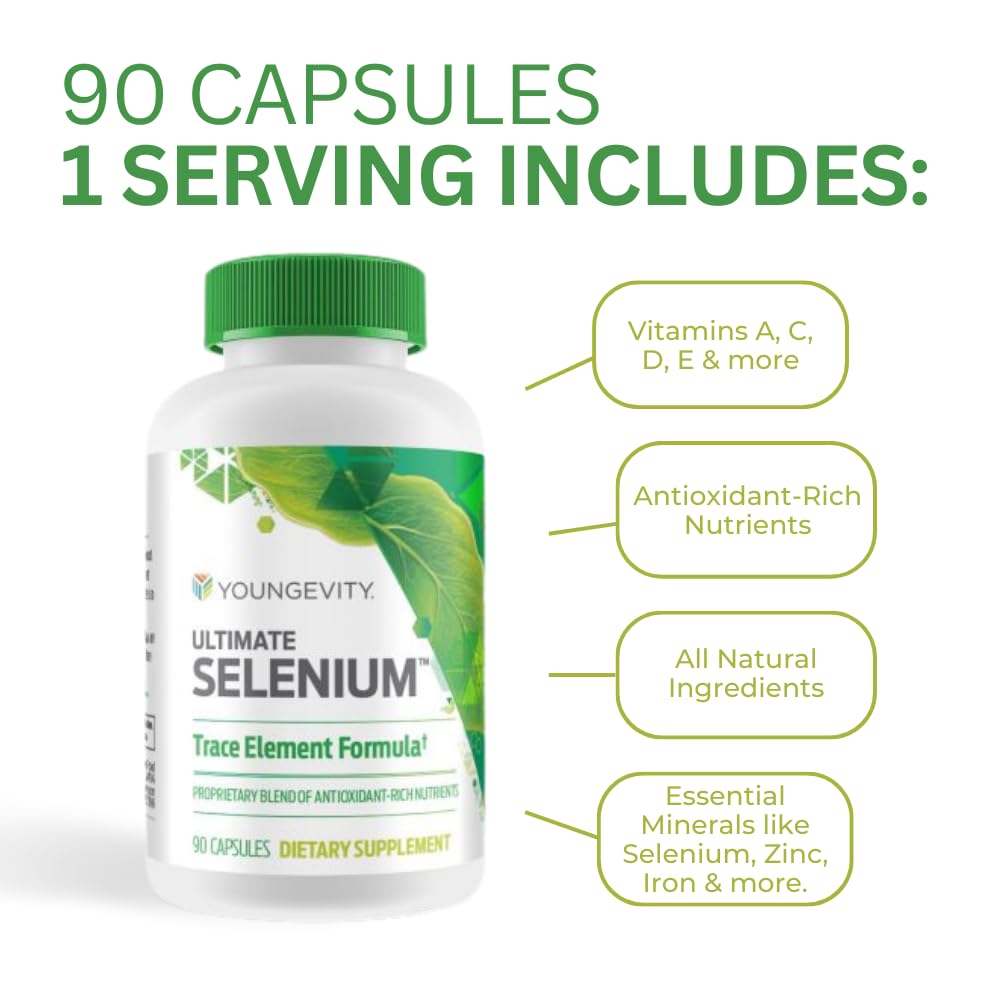 Youngevity Ultimate Selenium + Cofactors vitamins and minerals illustration emphasizes antioxidant support.