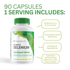 Youngevity Ultimate Selenium + Cofactors vitamins and minerals illustration emphasizes antioxidant support.