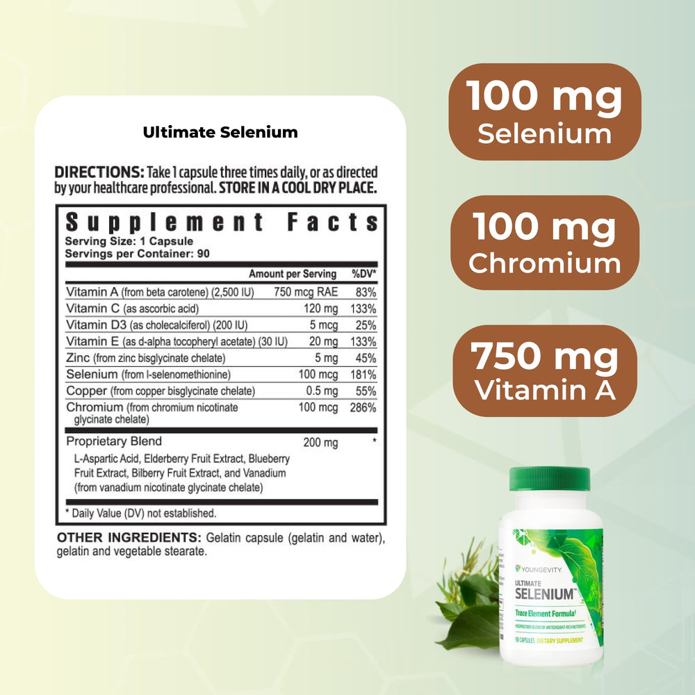 Youngevity label close-up with I-selenomethionine and cofactors for nutrient utilization.