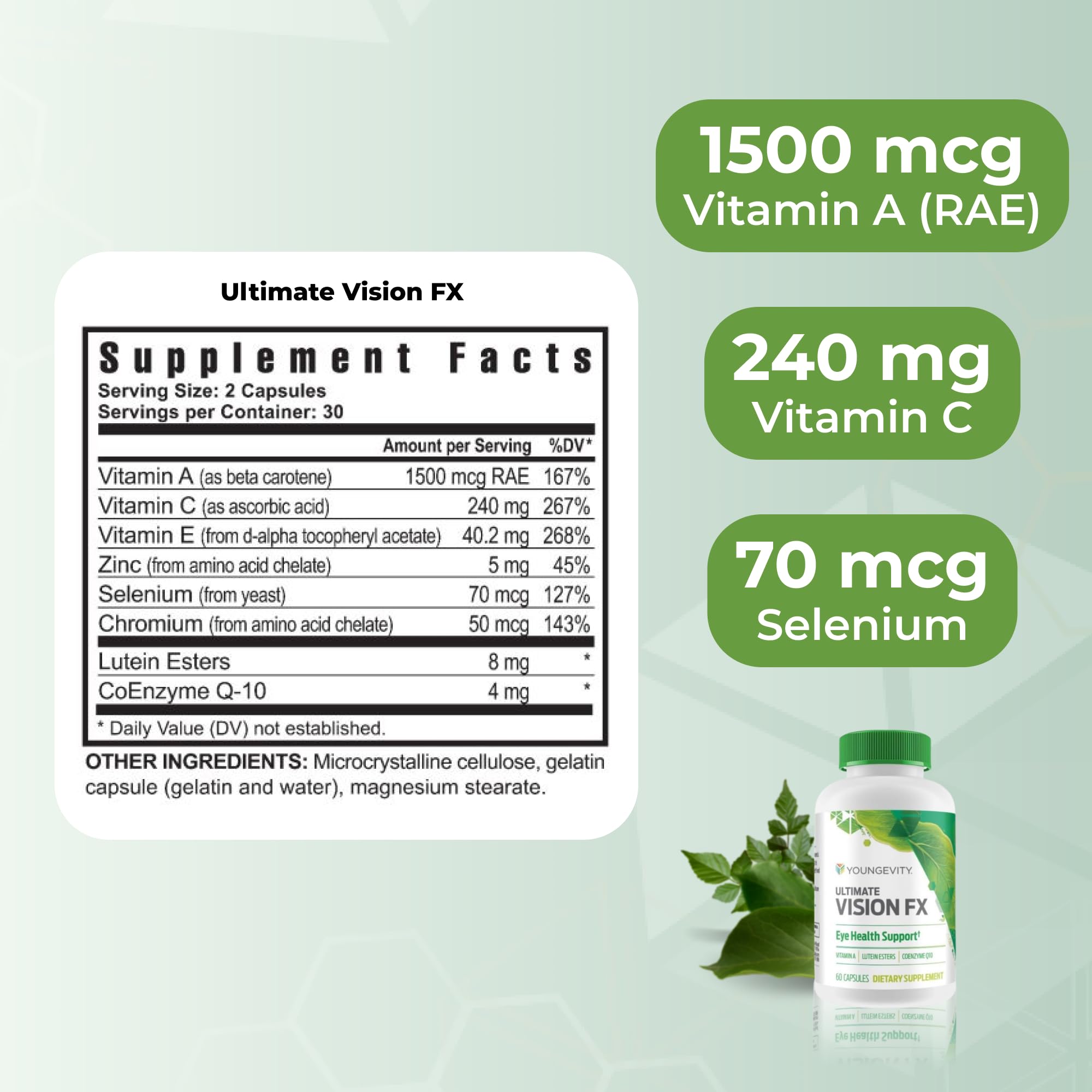 Vision FX container highlights CoQ10 and lutein esters in the formula.