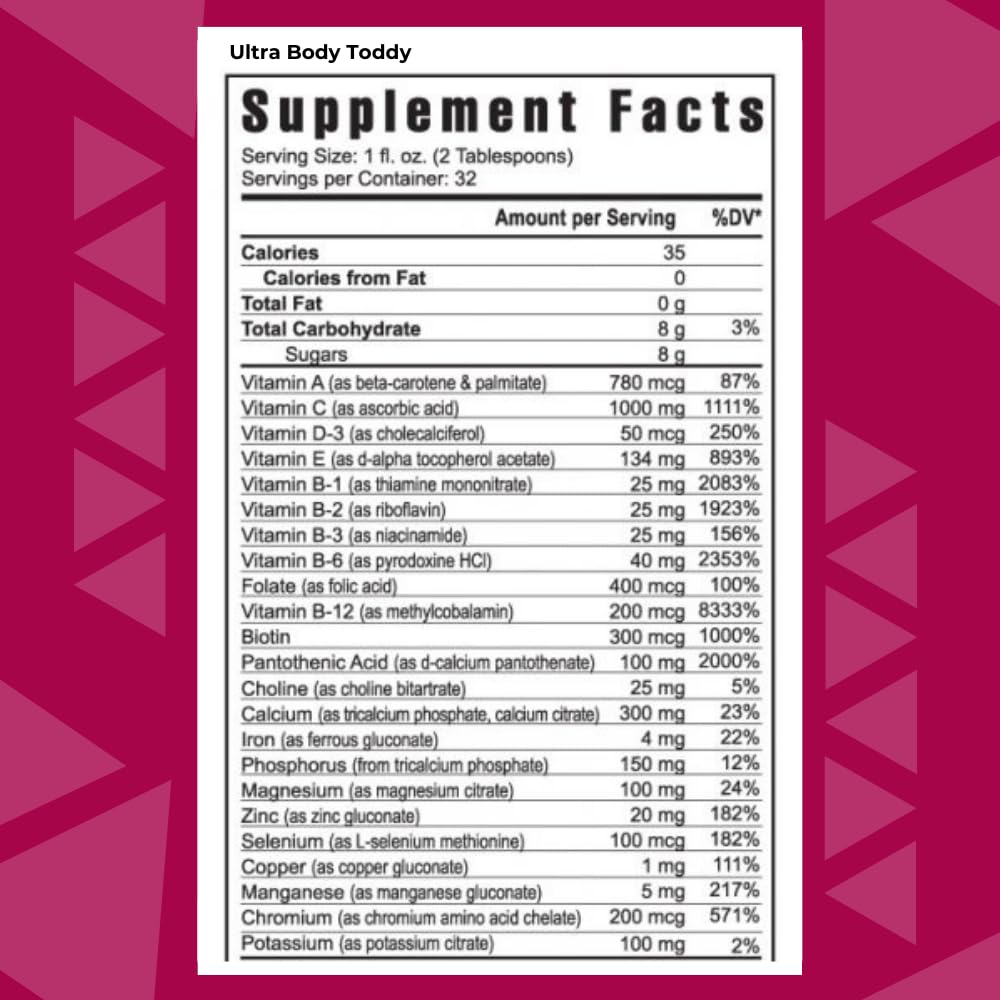 Youngevity Ultra Body Toddy bottle back label highlighting 100+ nutrients.