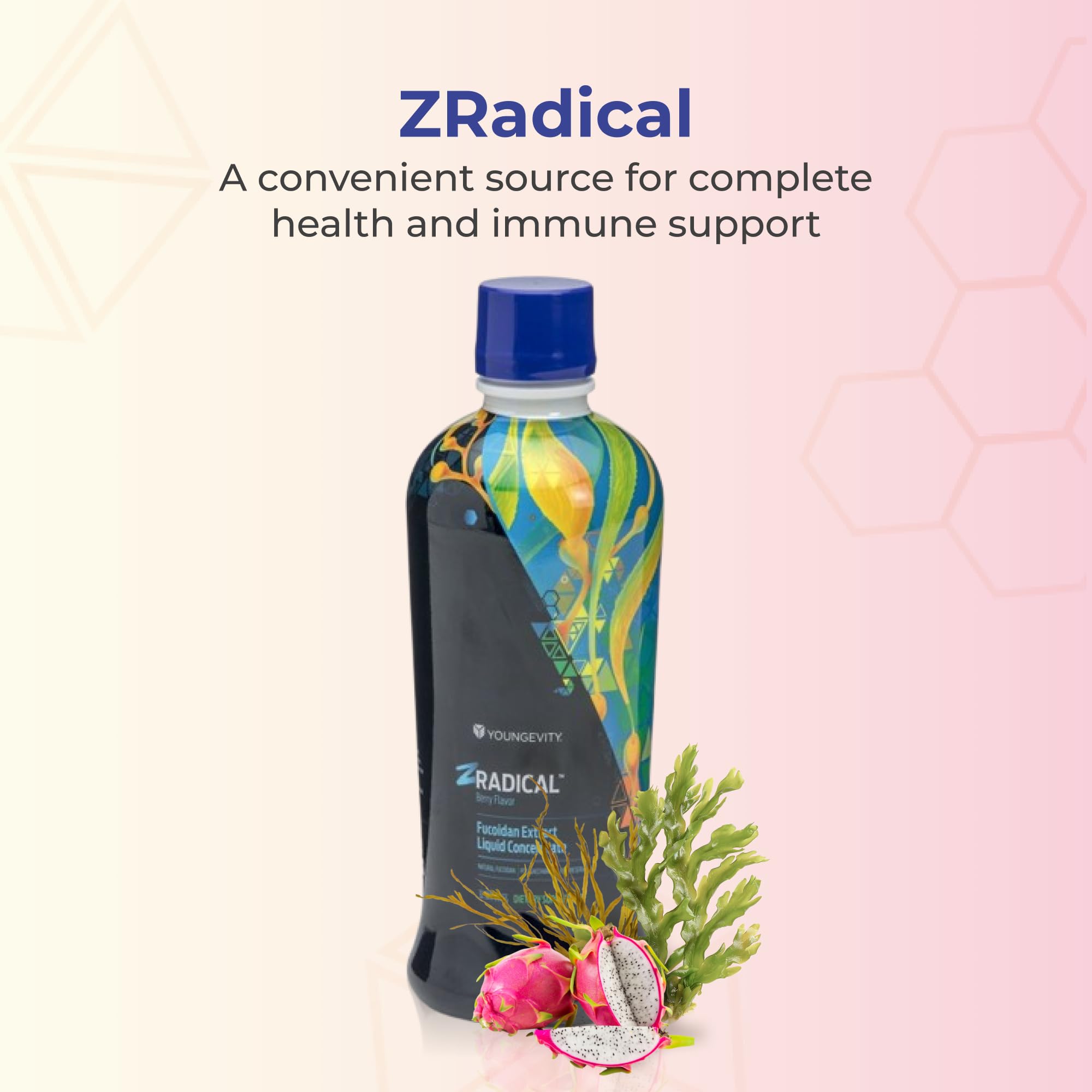 Youngevity ZRadical bottle label shown, emphasizing pure fucoidan and natural cofactors.