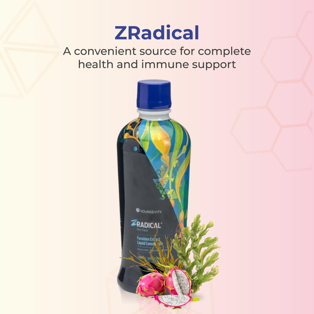 Youngevity ZRadical bottle label shown, emphasizing pure fucoidan and natural cofactors.