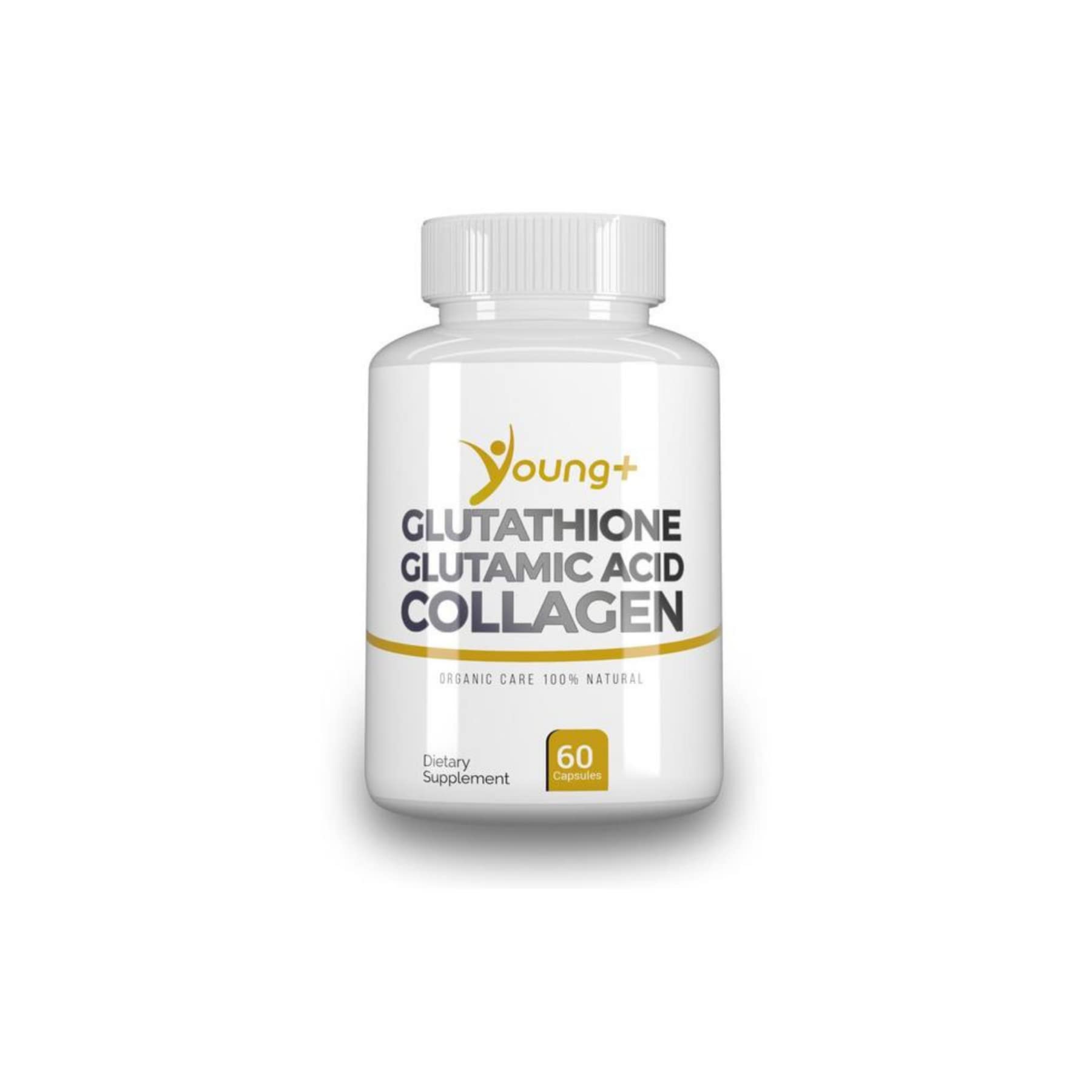 Young Plus glutathione bottle with capsules highlighting antioxidant support.