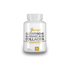 Young Plus glutathione bottle with capsules highlighting antioxidant support.