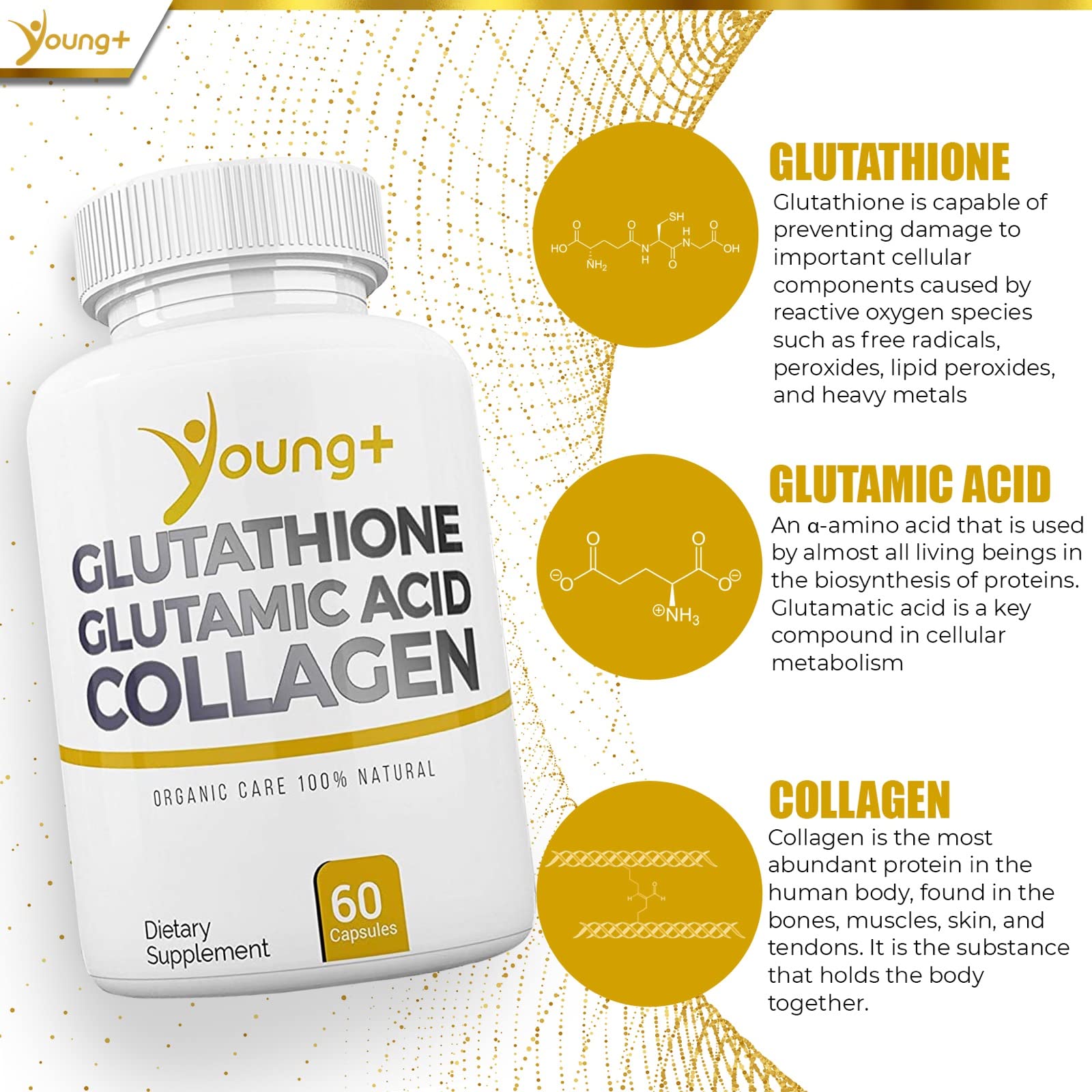 Young Plus ingredient label highlights glutathione, collagen, and glutamic acid.