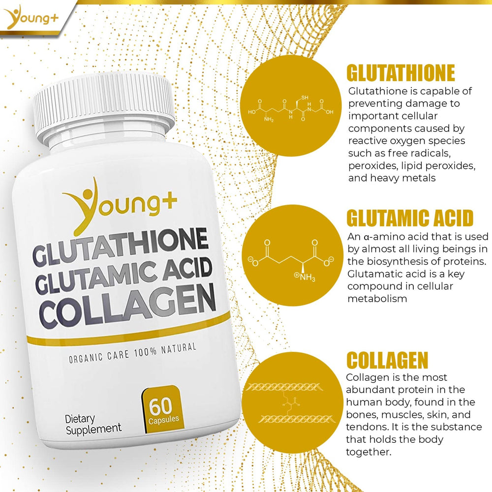 Young Plus ingredient label highlights glutathione, collagen, and glutamic acid.