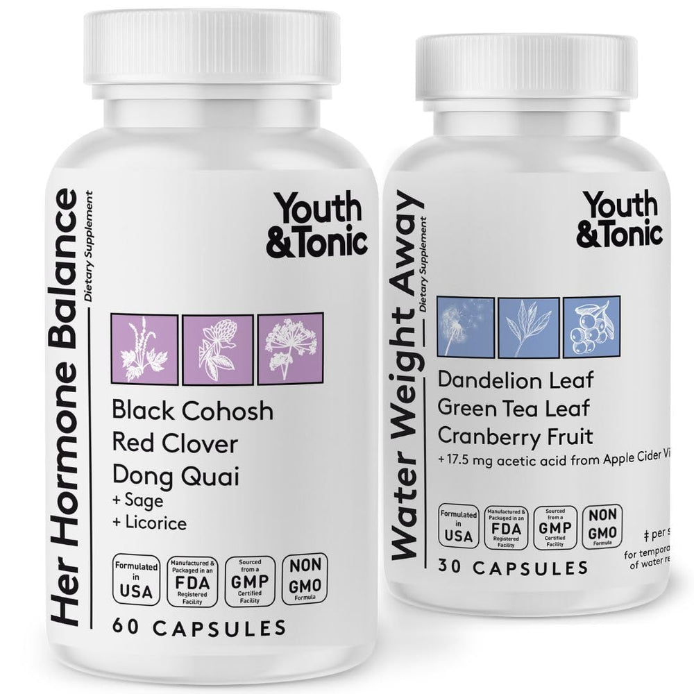 Youth & Tonic Her Hormone Balance bottle showing herbal blend for cycle comfort.