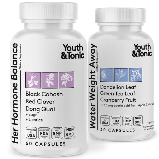 Youth & Tonic Her Hormone Balance bottle showing herbal blend for cycle comfort.