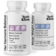 Youth & Tonic Her Hormone Balance bottle showing herbal blend for cycle comfort.