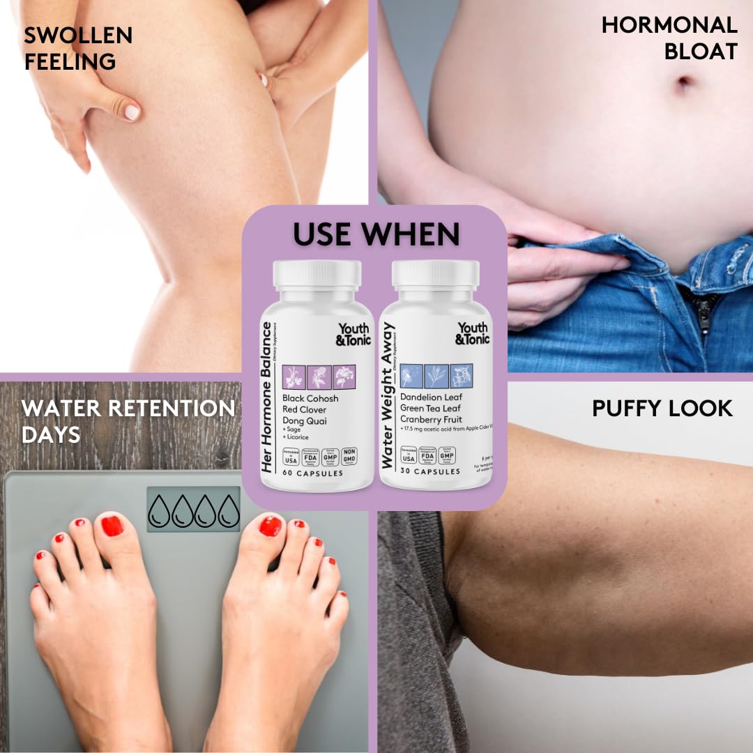 Youth & Tonic Her Hormone Balance capsules close-up, non-GMO formula for daily wellness.