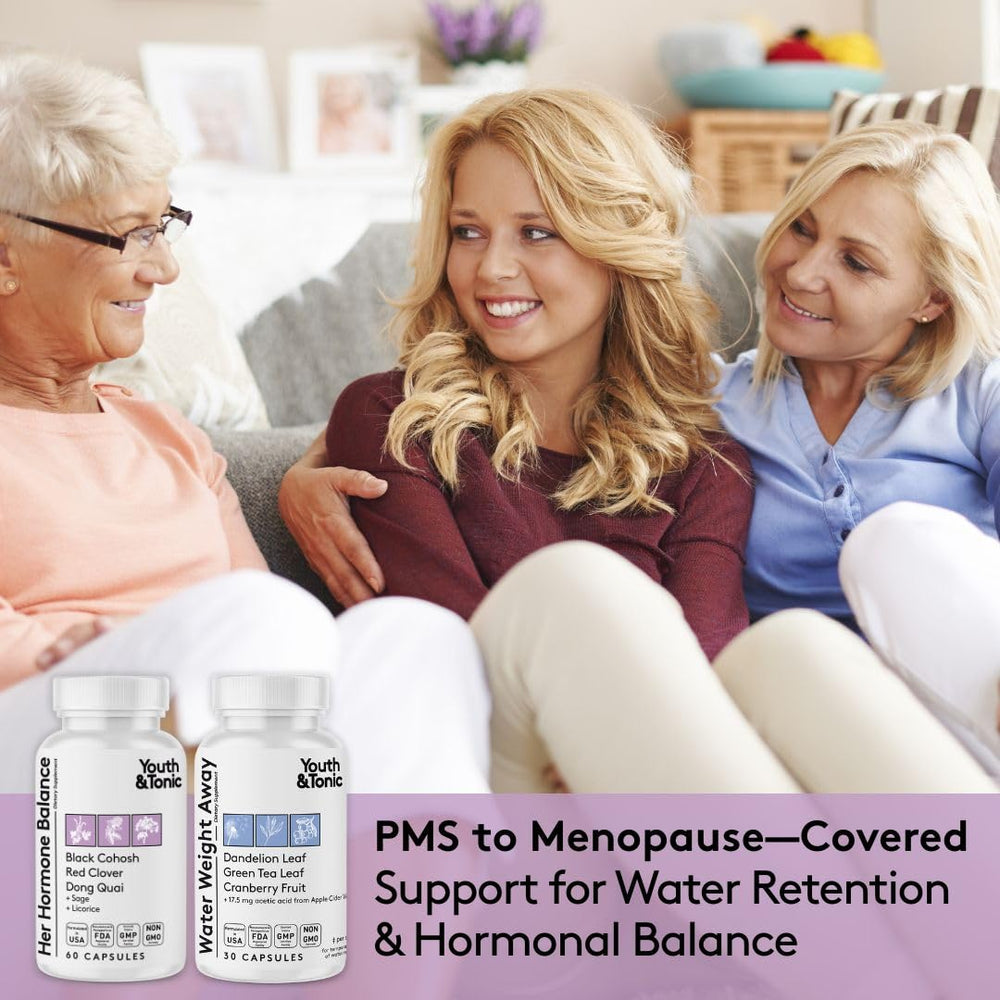 Youth & Tonic Water Weight Away bottle highlighting fluid balance and gentle detox support.