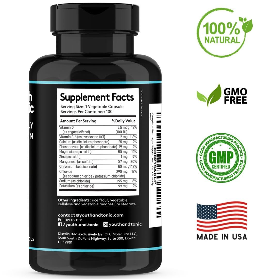 Keto-friendly Youth & Tonic electrolyte capsules in clear bottle