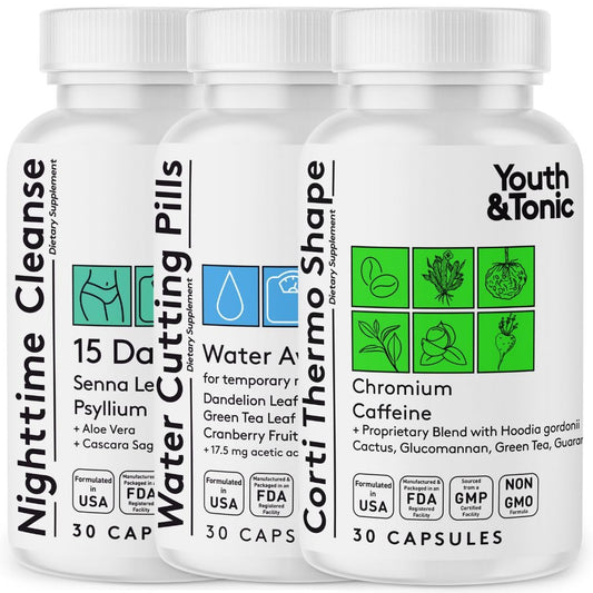 Youth & Tonic dietary discipline bottle promoting balanced eating and steady energy.