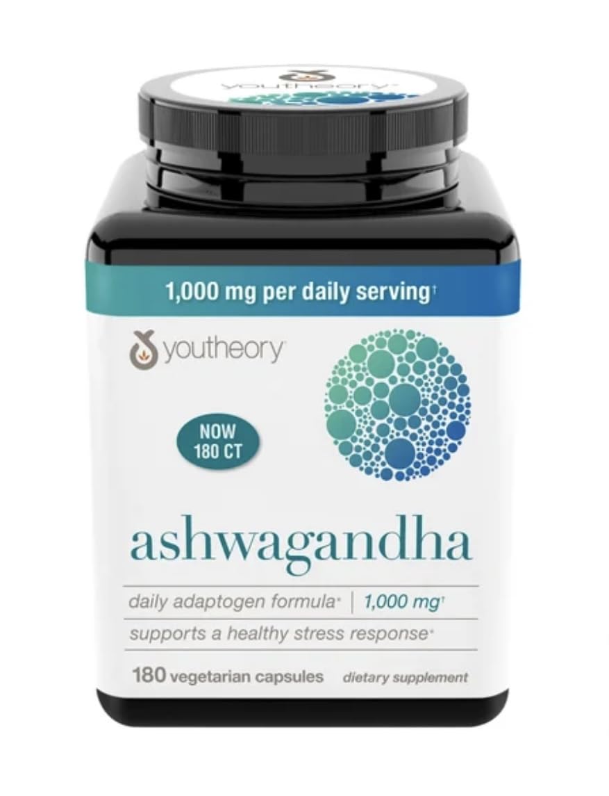 Youtheory Ashwagandha 1000mg KSM-66 bottle front for stress support