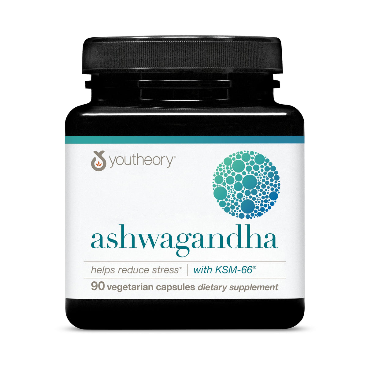 Youtheory Ashwagandha bottle on white background for daily stress support.