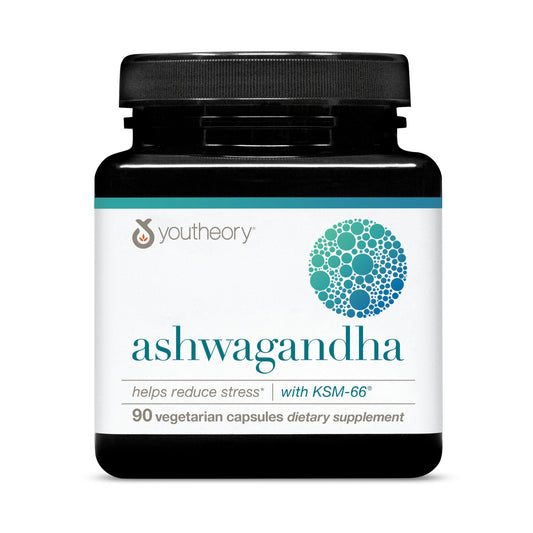 Youtheory Ashwagandha bottle on white background for daily stress support.