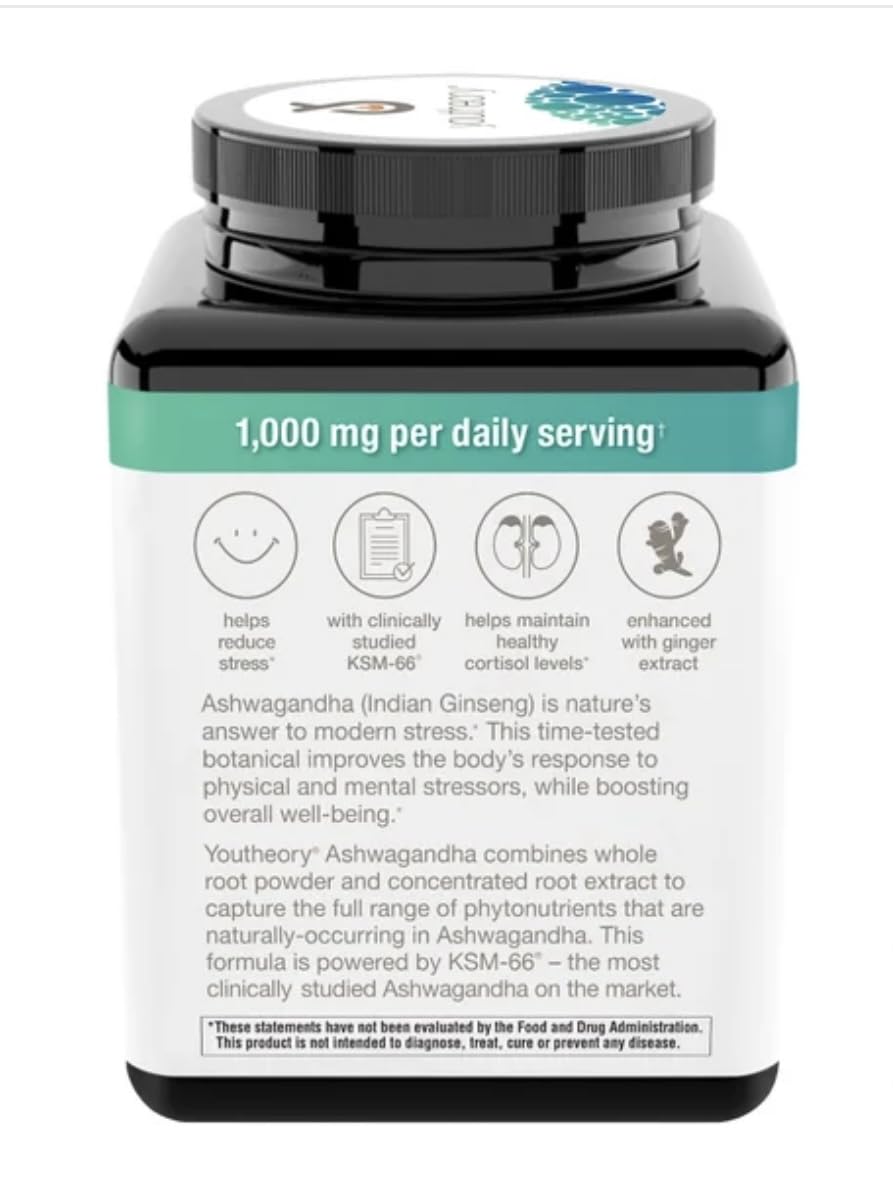 Label showing KSM-66 Ashwagandha and Ginger extract on Youtheory bottle