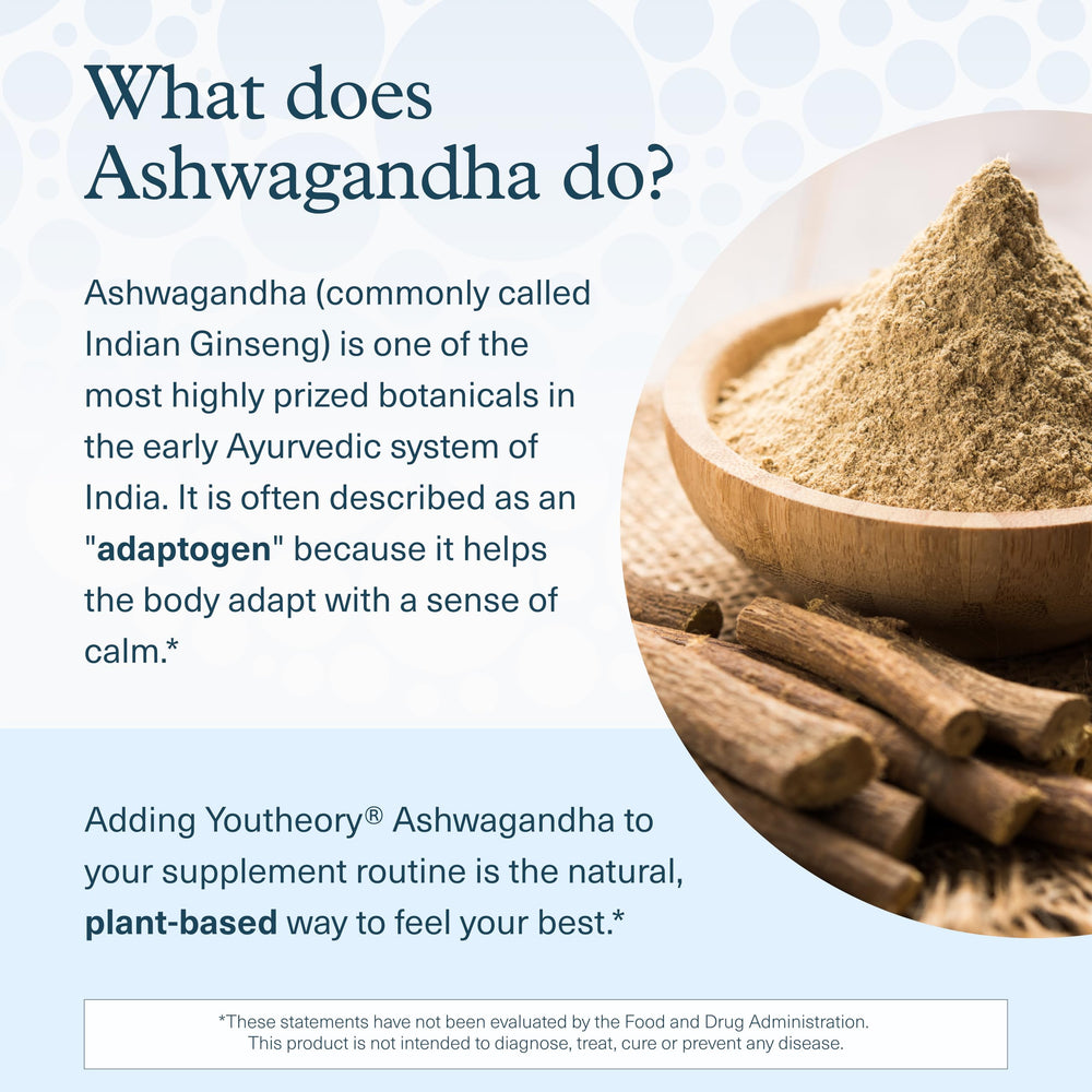 Organic ingredients seal on Youtheory Ashwagandha bottle ensuring clean supplementation.